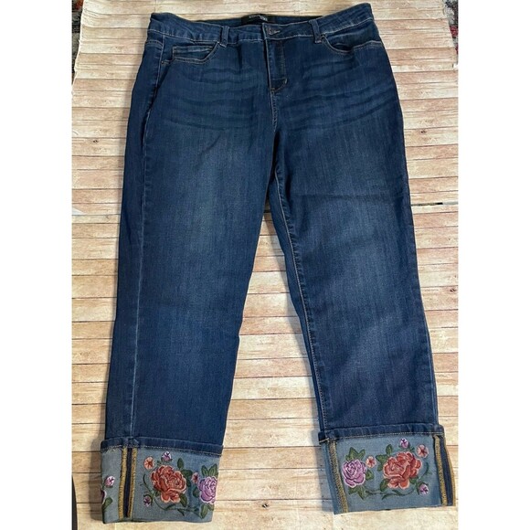 Stitch Star Floral Embroidered Cuff Jeans 90’s Y2K Straight Cropped Size 16 - Picture 1 of 6
